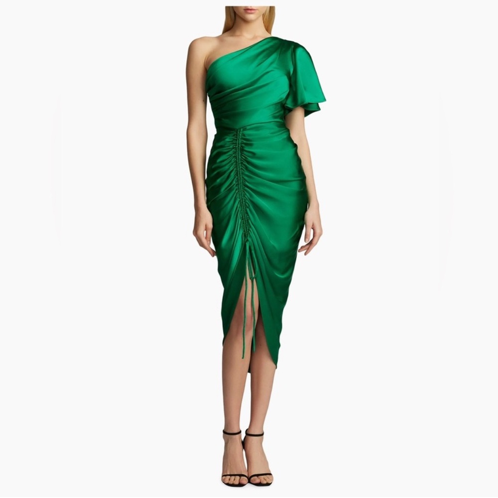 Zac Posen Emerald Satin One Shoulder Midi Dress | NWT | Size 8